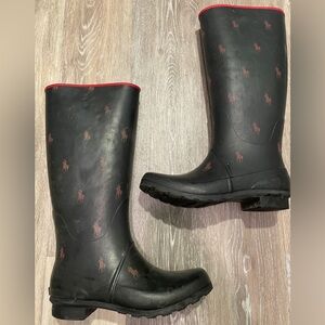 HTF Polo Ralph Lauren women's black and red pony Equestrian rubber rain boots 9B